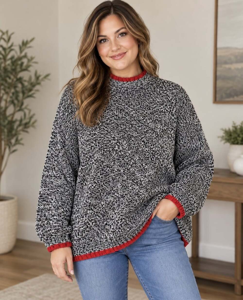 Elisabeth Liz Claiborne 2X Chunky Marled Knit Sweater Black White Red Trim